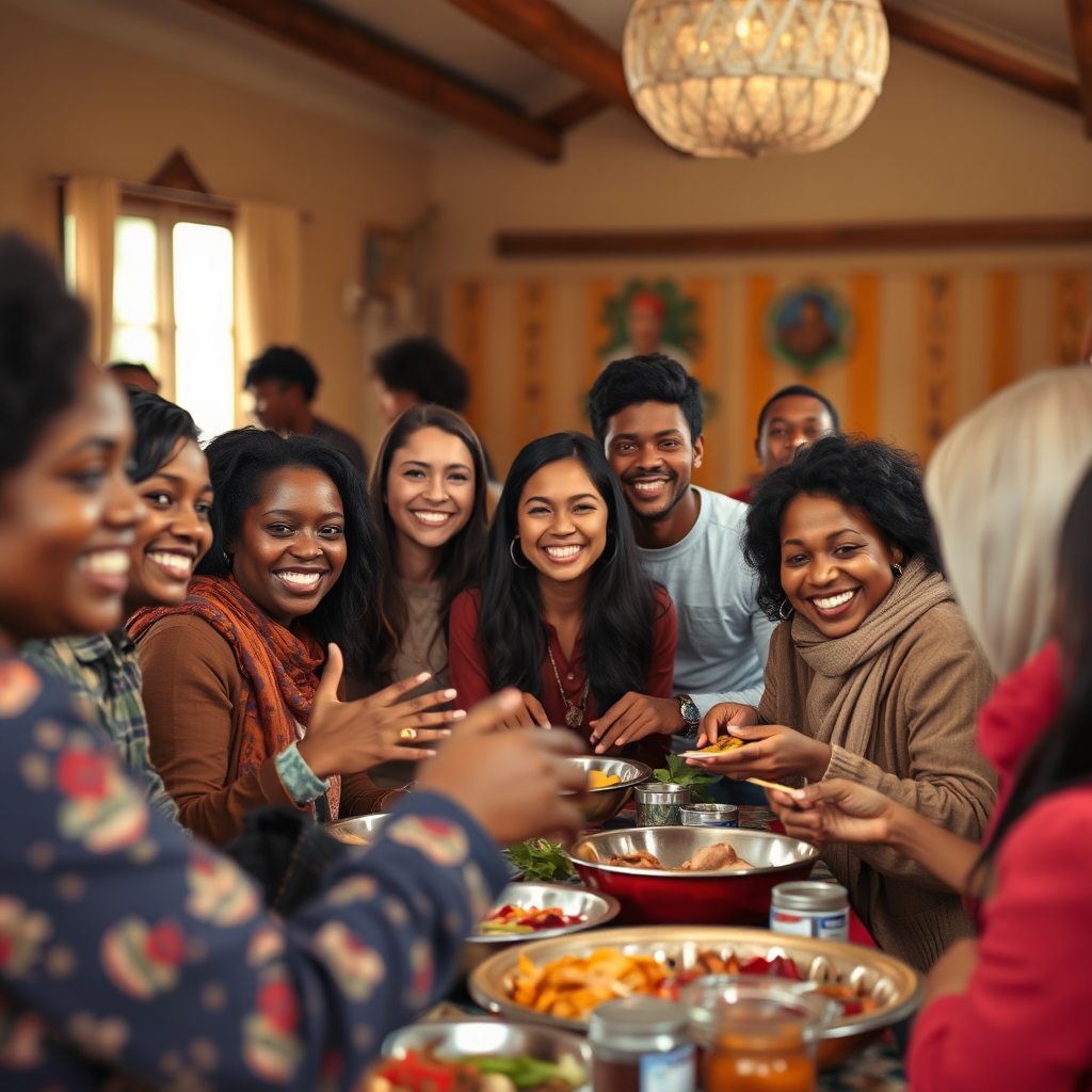 A photorealistic image showcasing a group of diverse individuals participating in a Wanzia community event, such as a potluck or cultural exchange gathering. The atmosphere is friendly and welcoming, fostering a sense of belonging and support.