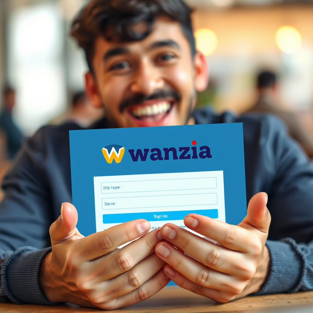 A photorealistic image showcasing a person signing up for Wanzia on a digital interface. The interface is clean and user-friendly, with the Wanzia logo prominently displayed. The person's face is filled with anticipation and excitement. The background is blurred, creating a sense of focus on the signup process. Use a shallow depth of field to highlight the person's hands and the digital interface. High quality, 4K resolution.