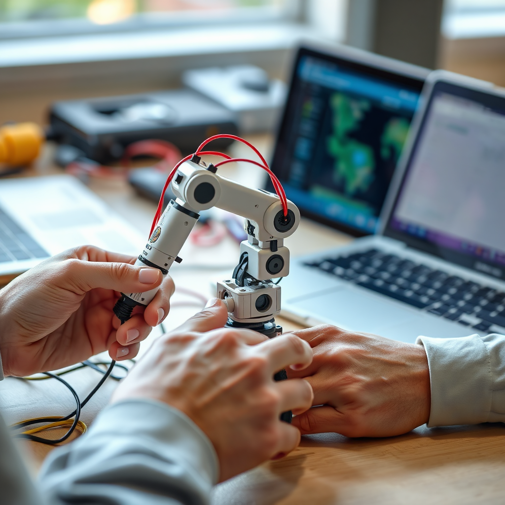 A photorealistic image showing hands working on a small robotic arm. Wires, circuit boards, and a laptop are visible in the background. Focus is on precision and detail, emphasizing the practical aspect of the training. Lighting should be bright and focused.