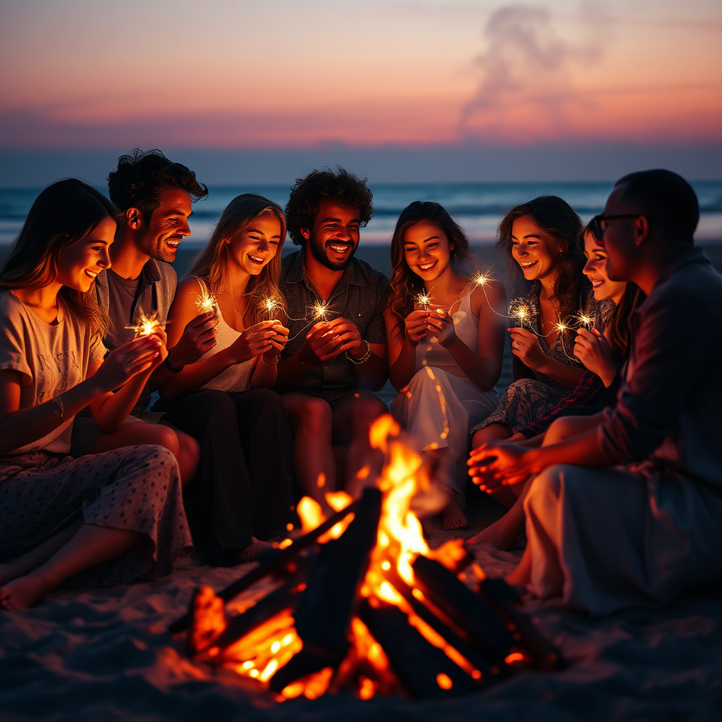 A photorealistic or stylized image representing the essence of 'Love Unwritten'. Imagine a diverse group of people gathered around a bonfire on a beach at twilight, sharing stories and laughter. Each person holds a glowing, ethereal thread that connects them to the fire, symbolizing the interconnectedness of love stories. The lighting is soft and warm, with the bonfire casting flickering shadows on their faces. The color palette is dominated by oranges, purples, and blues, creating a magical and intimate atmosphere. The camera angle is a medium shot, capturing the expressions of the people and the surrounding environment. Style: Impressionistic realism, evoking a sense of community and shared experiences. Technical specs: 4K resolution, high quality rendering.