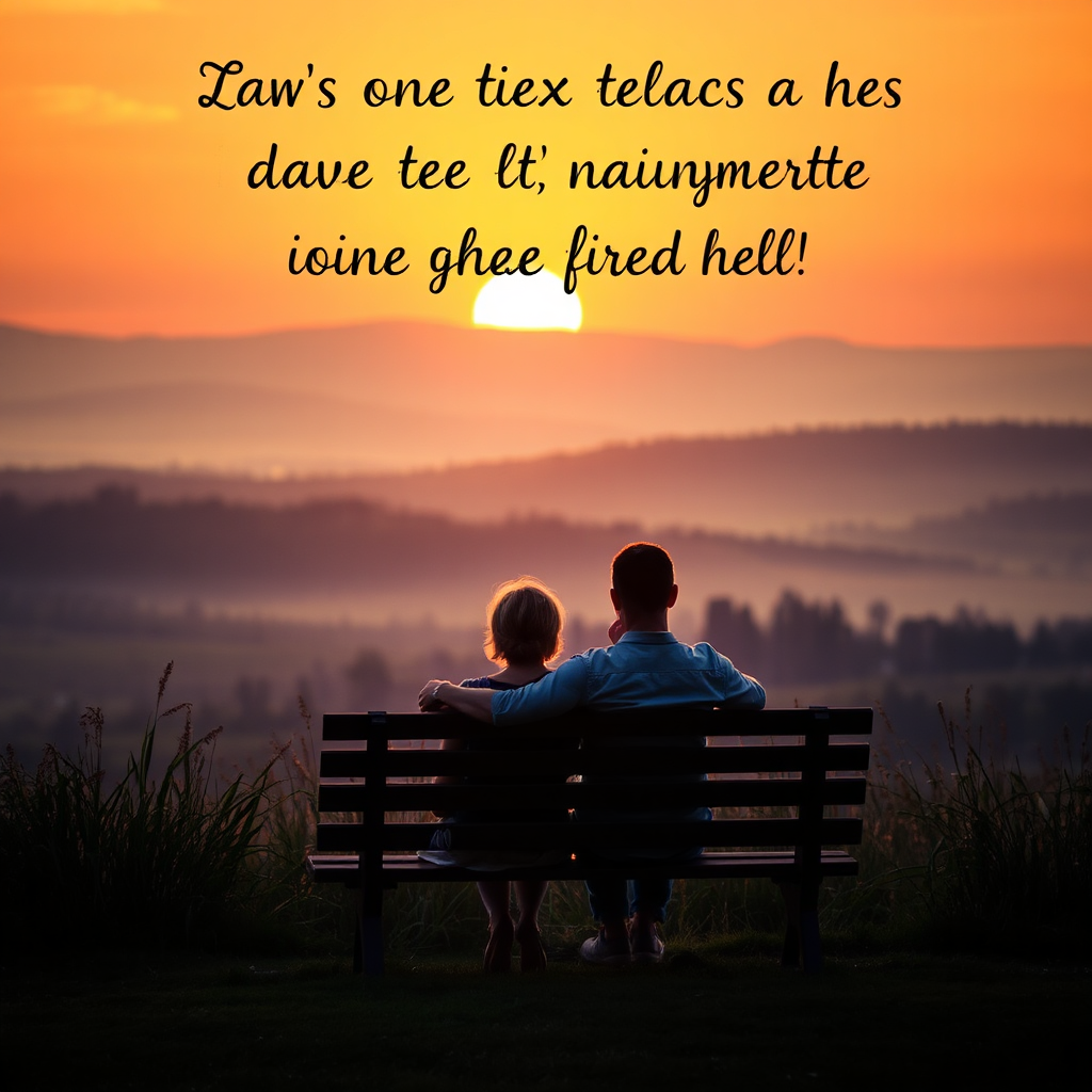 A serene landscape with a couple sitting together on a bench, watching the sunset, symbolizing contentment and fulfillment. The colors are warm and inviting, with soft lighting. The image should evoke a sense of peace, happiness, and companionship.
