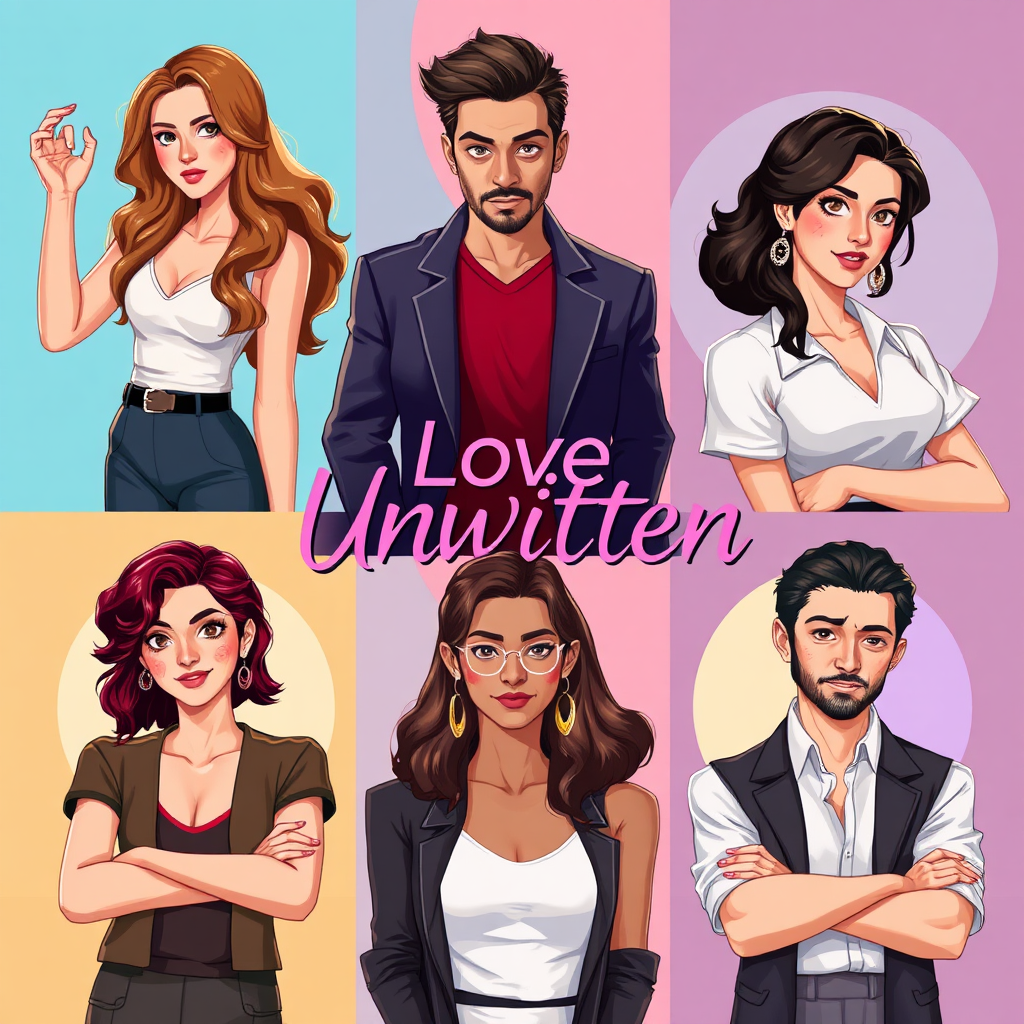 A series of stylized portraits showcasing the main characters from 'Love Unwritten'. Each portrait captures the character's unique personality and essence through pose, expression, and wardrobe choices. A vibrant and captivating visual collage.