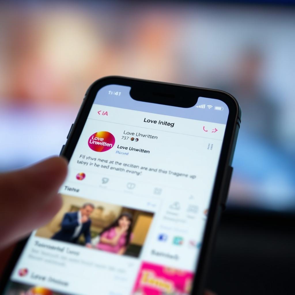 A smartphone displaying a 'Love Unwritten' social media feed, filled with exciting news and updates about the TV show. The background is blurred, focusing on the screen's content. Modern and engaging visual style.