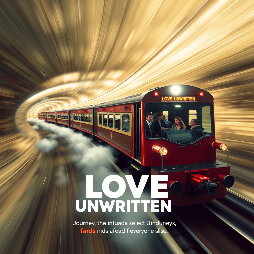 A speeding train representing the 'Love Unwritten' journey, with a select group of passengers (fans) enjoying the ride ahead of everyone else. The lighting is dynamic, conveying a sense of excitement and anticipation.