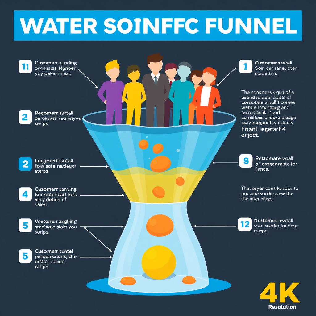 A stylized graphic of a water funnel with customers entering at the top and converting into sales at the bottom. Vibrant colors, infographic style. 4k Resolution.