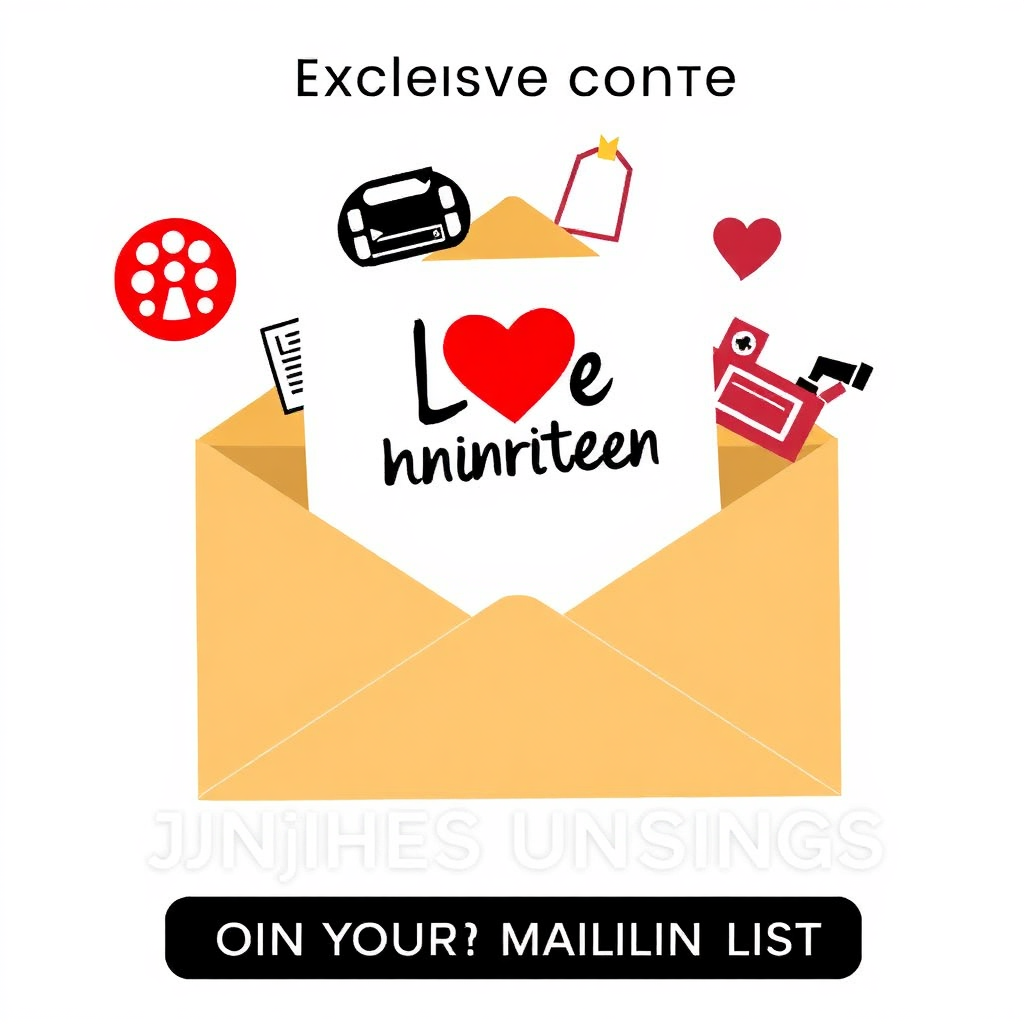 A stylized graphic of an envelope with a Love Unwritten logo, surrounded by icons representing exclusive content (e.g., film reel, script, camera). The background is a clean and modern design, emphasizing the benefits of joining the mailing list. The style is professional and trustworthy.