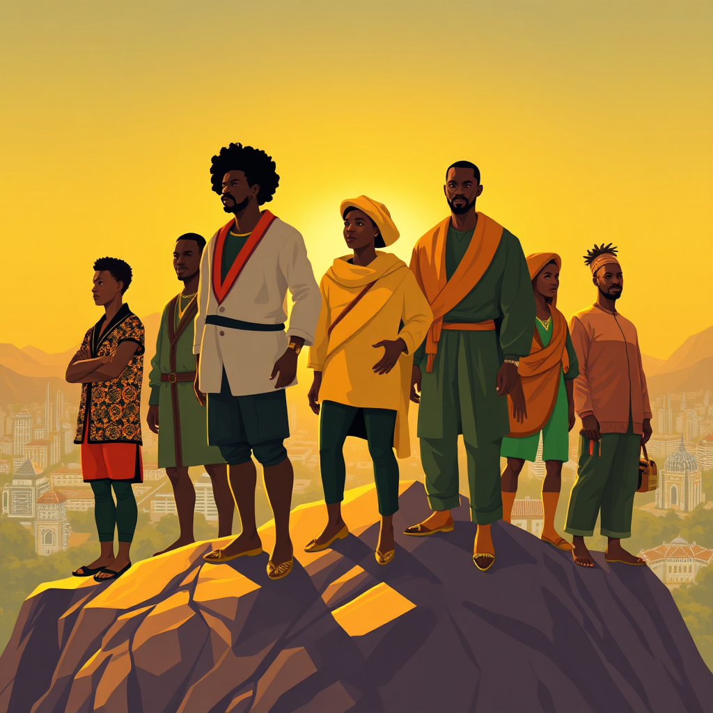 A stylized image depicting a group of African leaders standing on a mountain peak, overlooking a futuristic cityscape. The leaders are diverse and confident, symbolizing their ability to guide the continent towards a brighter future. The lighting is golden and empowering. The overall style is clean and modern, with a focus on visual impact. Technical Specs: 4K resolution, vector graphics.