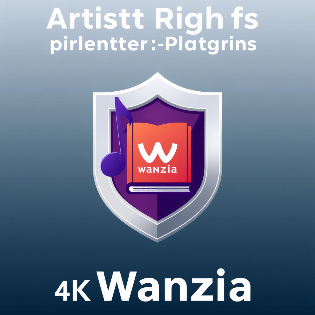 A stylized image depicting a shield protecting a musical note, a book, and a film reel, symbolizing the protection of artist rights on Wanzia. The shield is adorned with the Wanzia logo. The background is a gradient of colors, representing the diverse range of creative expressions on the platform. 4K resolution, high quality.