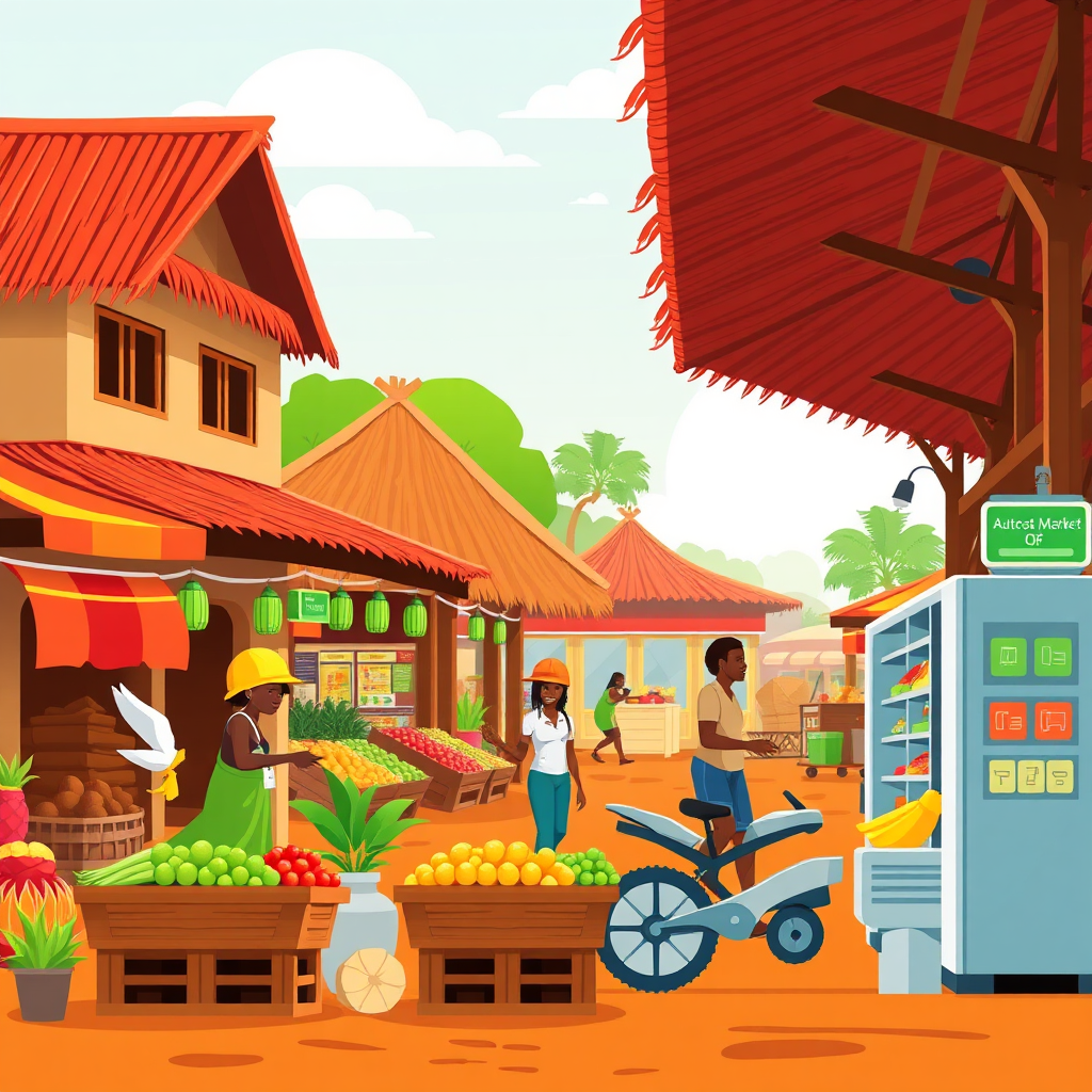 A stylized image depicting a traditional African market transforming into a modern, automated marketplace. The image showcases the benefits of automation, such as increased efficiency, improved logistics, and enhanced customer experience. The color palette is vibrant and optimistic. The overall style is clean and modern, with a focus on visual clarity. Technical Specs: 4K resolution, vector graphics.