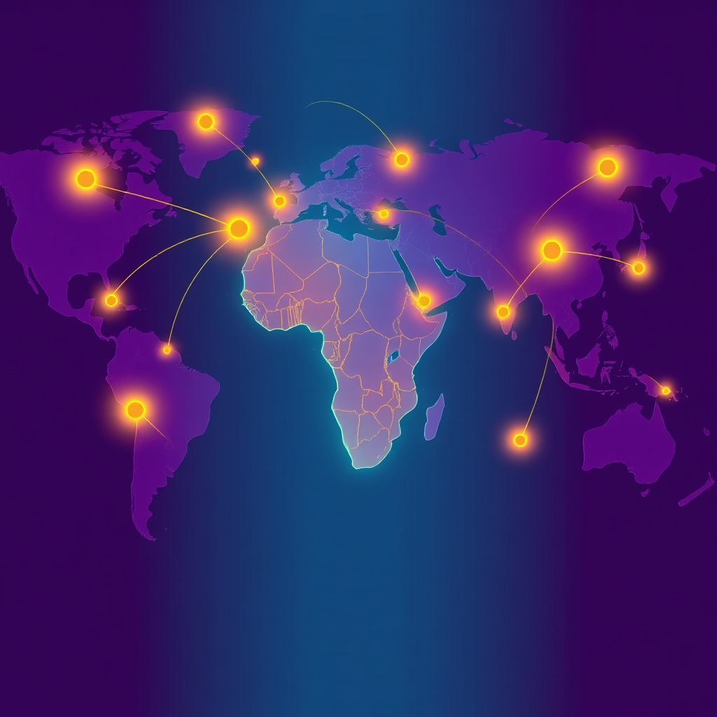 A stylized image depicting a world map with glowing lines connecting Africa to other continents. Each connection represents the flow of knowledge, skills, and opportunities facilitated by Wanzia Academy. The color palette is vibrant and optimistic. The overall style is clean and modern, with a focus on visual clarity. Technical Specs: 4K resolution, vector graphics.