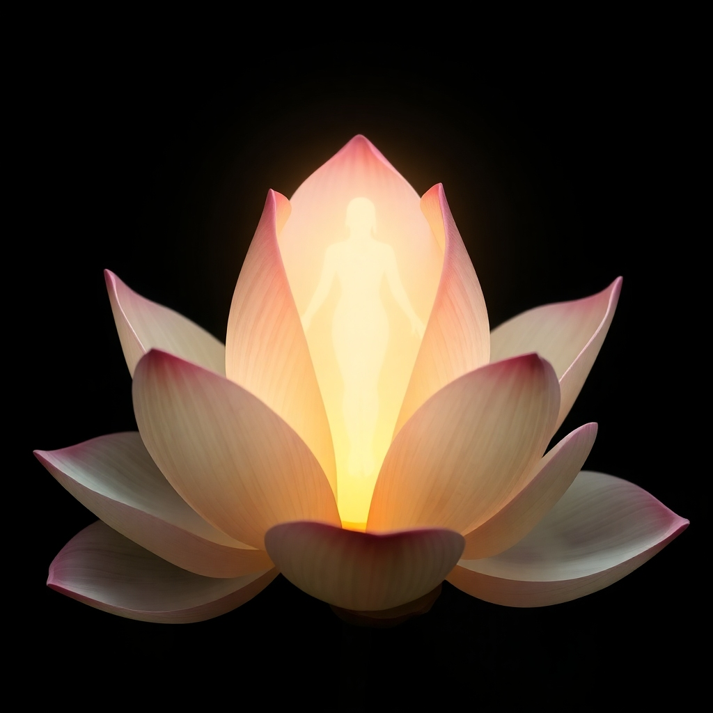  A stylized image of a blooming lotus flower, its petals unfolding to reveal a radiant, feminine silhouette at its center. The lotus is bathed in soft, ethereal light, with subtle hints of gold and pink. The background is a dark, velvety texture, emphasizing the flower's luminosity. The camera angle is slightly elevated, capturing the flower's delicate beauty. 4K resolution.