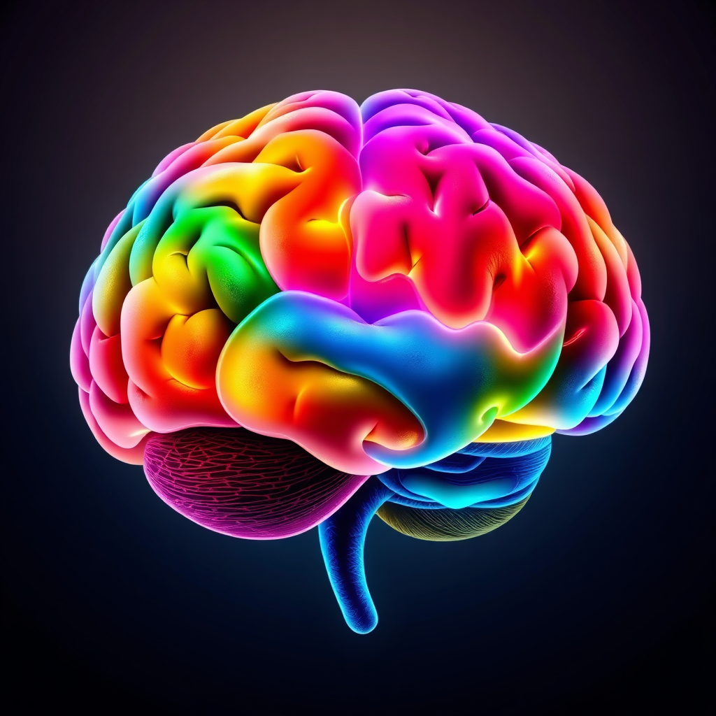 A stylized image of a brain with different sections illuminated in various colors, representing different aspects of emotional intelligence. The colors are vibrant and eye-catching, with subtle gradients and textures. The image should convey a sense of complexity, understanding, and the power of the mind.