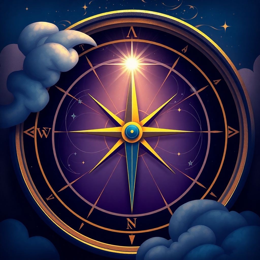 A stylized image of a compass, its needle pointing towards a distant, shimmering star. The compass is surrounded by swirling clouds and celestial patterns. The image should evoke a sense of direction, purpose, and trust in the unknown. The color palette should consist of deep blues, purples, and shimmering gold. 4K resolution.