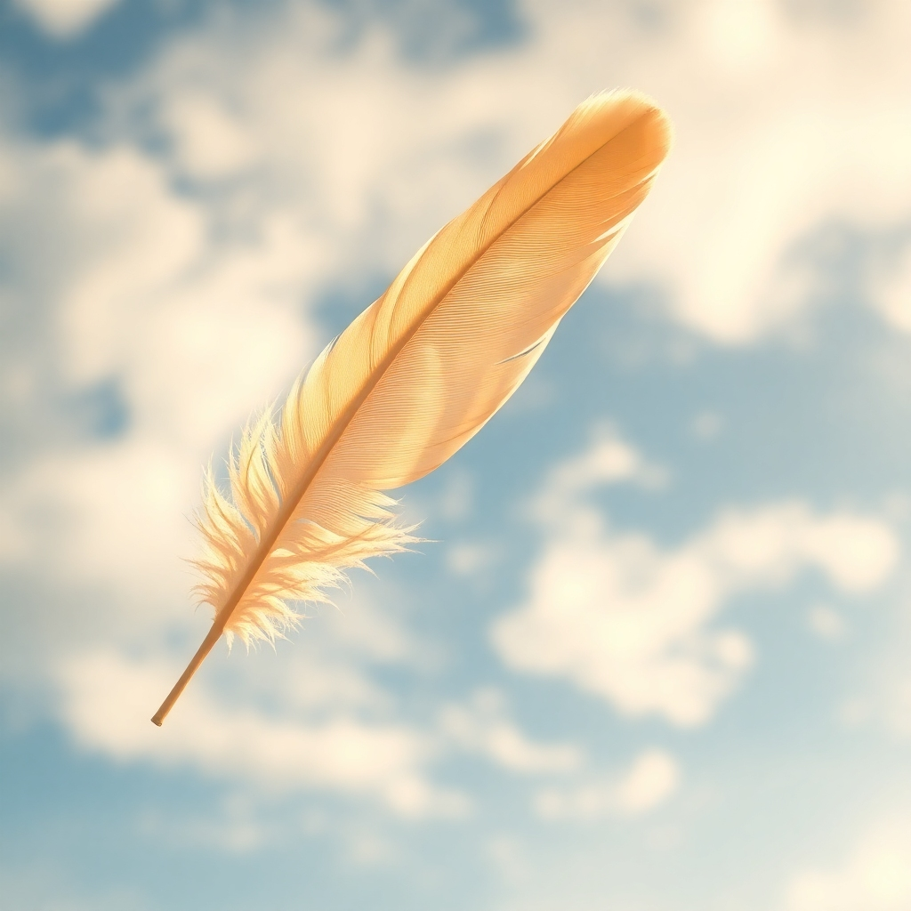 A stylized image of a feather gently floating on a breeze. The feather is bathed in soft, golden light, with subtle details highlighting its delicate structure. The background is a blurred sky filled with wispy clouds. The image should evoke a sense of lightness, freedom, and effortless movement. 4K resolution.
