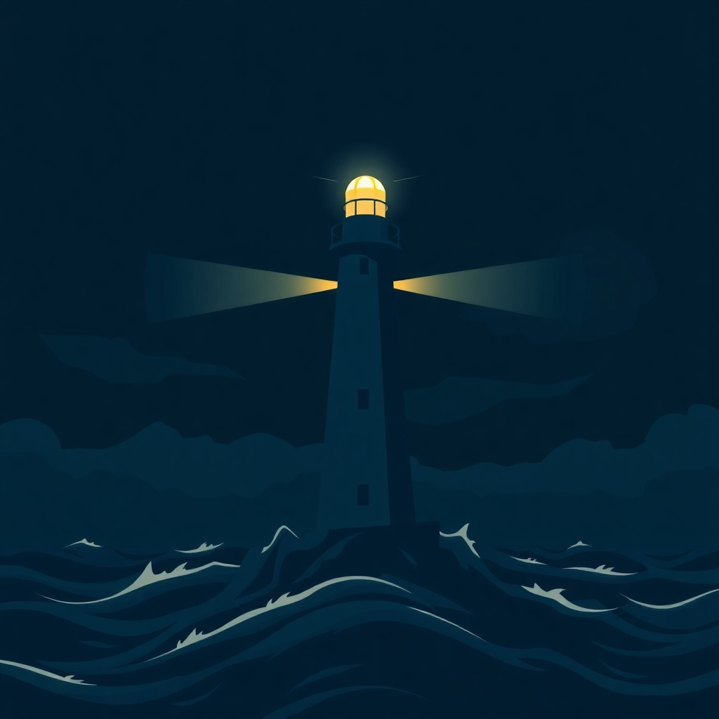 A stylized image of a lighthouse shining its beacon across a dark, stormy sea. The lighthouse is a symbol of guidance, hope, and unwavering purpose. The image should evoke a sense of strength, resilience, and commitment to one's calling. The color palette should consist of deep blues, grays, and a bright, golden light emanating from the lighthouse. 4K resolution.