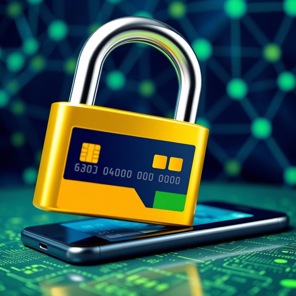 A stylized image of a secure padlock protecting a credit card and a smartphone, symbolizing a secure payment gateway. The background is a digital network. The color palette is predominantly blue and green, conveying security and trust. Camera angle: Close-up, emphasizing the padlock and the digital elements. Texture details: High-tech, futuristic. Style: Modern, abstract, secure. Technical specs: 8K resolution, stylized rendering.