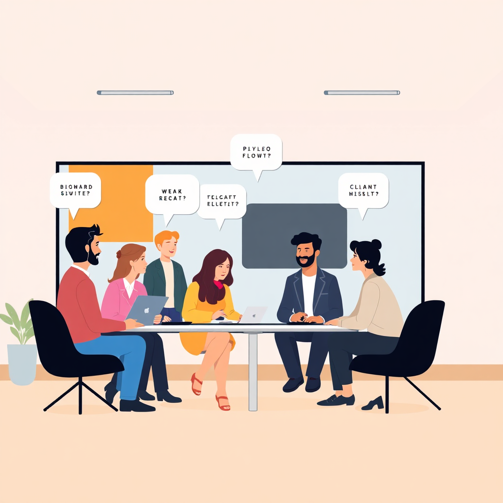 A stylized image of diverse people meeting in a virtual space, with speech bubbles displaying their ideas. Modern virtual meeting room look. 4K resolution, high quality.