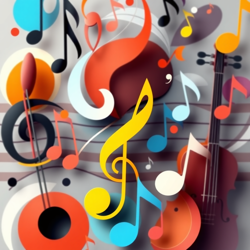 A stylized image of musical notes and instruments blending together. Modern abstract design. 4K resolution, high quality.