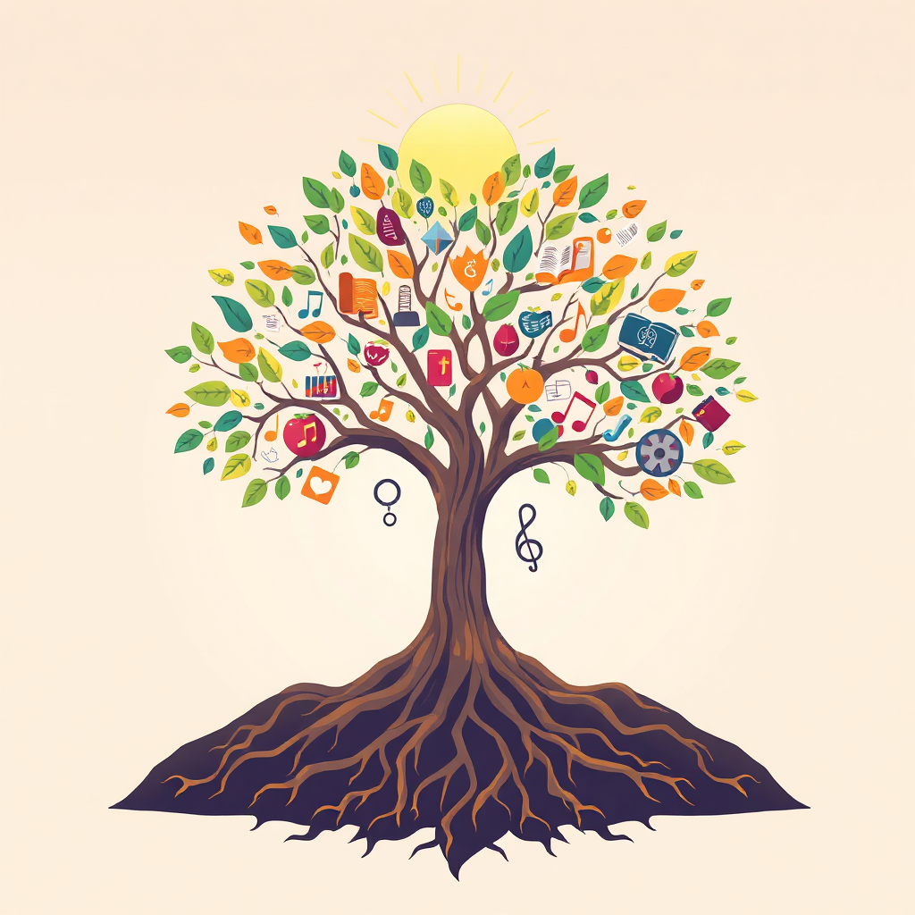 A stylized representation of a tree, its roots forming a network connecting artists, fans, and Wanzia. The tree's branches extend upwards, bearing fruits of books, musical notes, and film reels. The leaves are vibrant and diverse, representing the wide range of creative expressions within the nation. Sunlight filters through the branches, casting a warm, inviting glow on the scene. The background is a soft gradient of colors, symbolizing the endless possibilities that Wanzia offers. The overall style is modern and uplifting, with a touch of whimsy. Consider incorporating elements of Art Deco for visual appeal. 4K resolution, high quality.