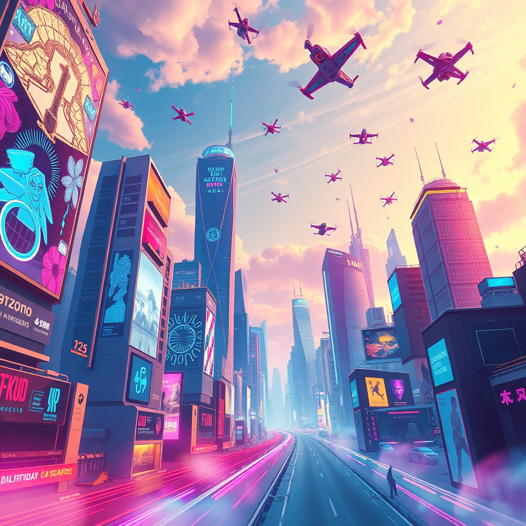 A stylized representation of a futuristic cityscape, with towering buildings adorned with holographic displays showcasing various forms of art. The sky is filled with flying vehicles and drones, representing the technological advancement of Wanzia. The scene is bathed in vibrant, neon colors, creating a sense of excitement and innovation. Use a wide-angle lens to capture the scale of the cityscape. 4K resolution, high quality.