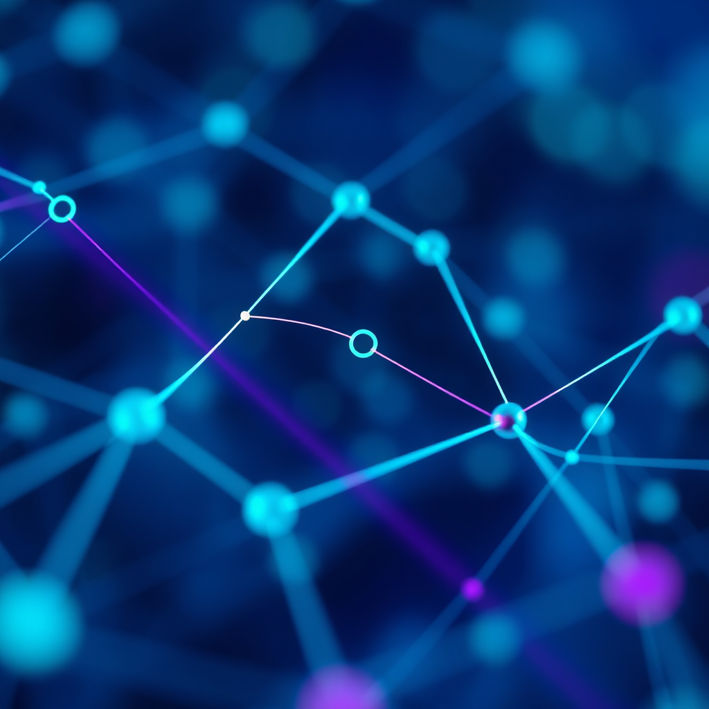 A stylized representation of an algorithm at work, with data points connecting to create a personalized apartment listing. The image should convey the concept of customized results. Color palette: Modern blues, purples, and greens to suggest intelligence and personalization. Camera angle: Abstract and artistic. Texture details: Focus on the clean lines and geometric shapes. Style reference: Modern data visualization.