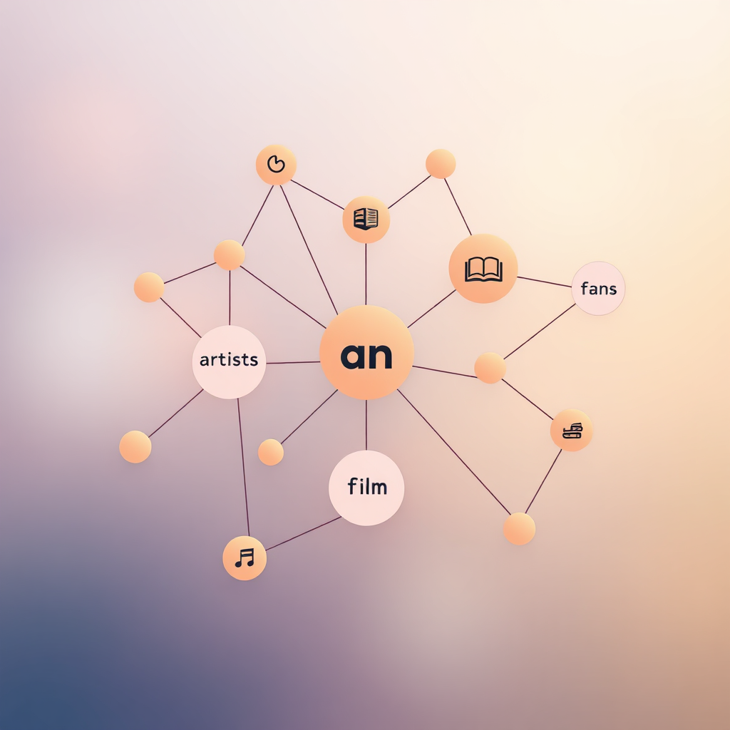 A stylized representation of interconnected nodes forming a network, with each node representing a different aspect of the Wanzia ecosystem (artists, fans, books, music, film). The nodes are connected by lines, symbolizing the flow of creativity and collaboration. The background is a soft gradient of colors, representing the diverse range of creative expressions on the platform. 4K resolution, high quality.