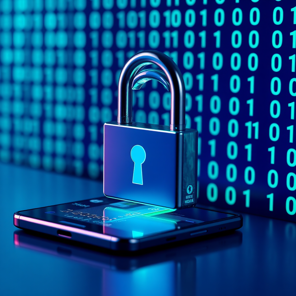 A stylized, security-focused image featuring a digital lock protecting a credit card and a smartphone, set against a backdrop of binary code. The image symbolizes secure online transactions and data protection. The color palette should be predominantly blue and green to convey security and trust. The lighting should be dramatic, emphasizing the lock and the digital elements. The camera angle should be close-up, highlighting the details of the security features. Texture details: high-tech and futuristic, with a clean and polished look. Style: Modern, abstract, and security-focused. Technical specs: 8K resolution, stylized rendering.