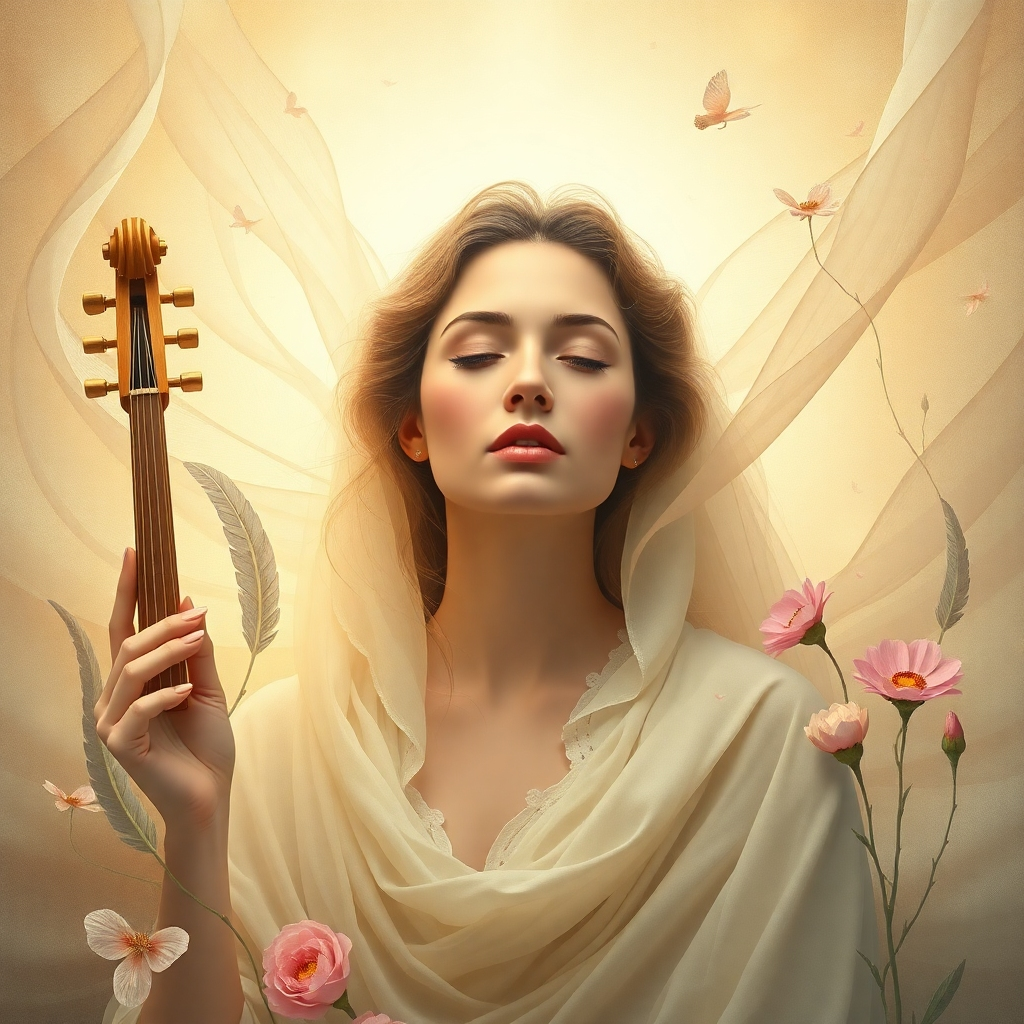 A stylized yet elegant image representing the 'Muse' archetype. Imagine a woman bathed in soft, ethereal light, surrounded by symbols of creativity and inspiration: flowing fabrics, musical instruments, writing quills, and blooming flowers. Her expression should be serene and knowing, reflecting inner peace and wisdom. The composition should be balanced and harmonious, with a focus on conveying a sense of grace and feminine power. The color palette should consist of muted pastels, warm golds, and subtle earth tones. The camera angle should be slightly elevated, emphasizing the woman's connection to the divine. Textures should be soft and delicate, showcasing the beauty of natural materials. Inspired by pre-raphaelite paintings. 4K resolution, high quality.