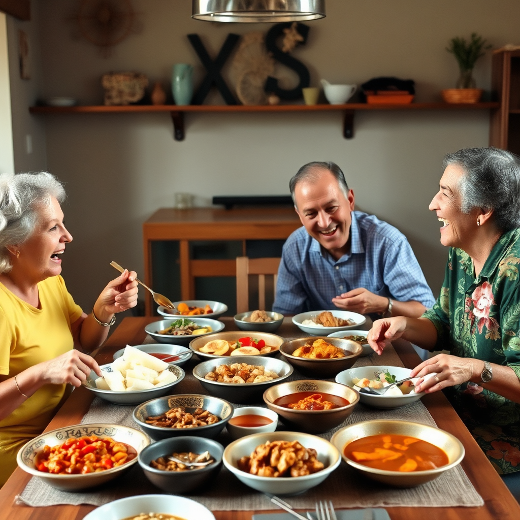 A traveler and a host family share a meal and laughter around a table filled with traditional dishes. The focus is on the genuine connection and shared experience. Style: warm, inviting, family-oriented.