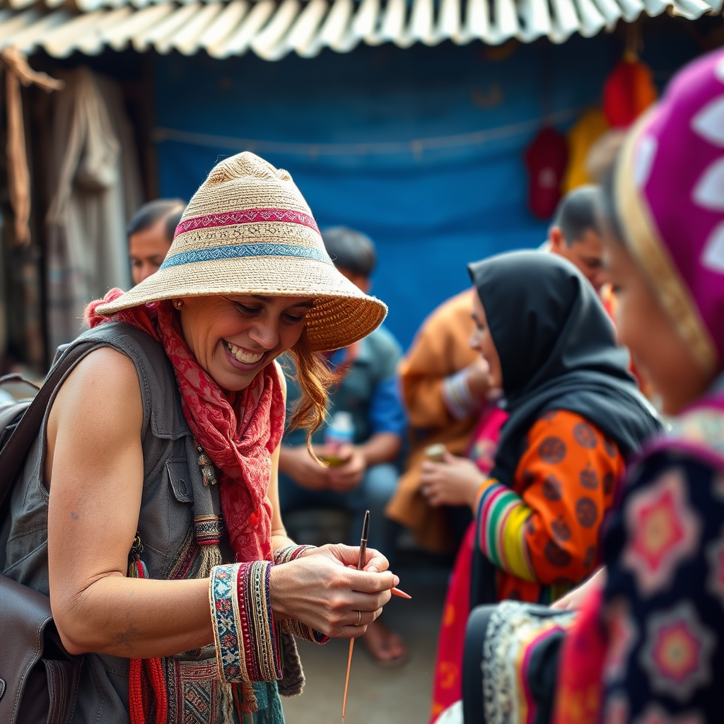 A traveler immerses themselves in a local cultural experience, such as learning a traditional craft or participating in a community celebration. The image should capture the authenticity and joy of cultural immersion. Style: Vibrant, expressive, authentic.