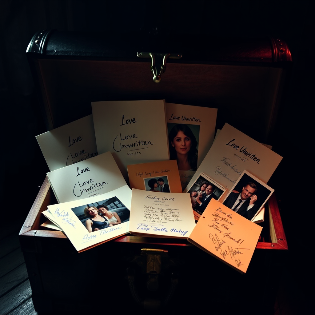 A treasure chest overflowing with 'Love Unwritten' memorabilia, including scripts, storyboards, and signed photos. The lighting is dramatic, creating a sense of mystery and excitement. A rewarding and enticing visual.