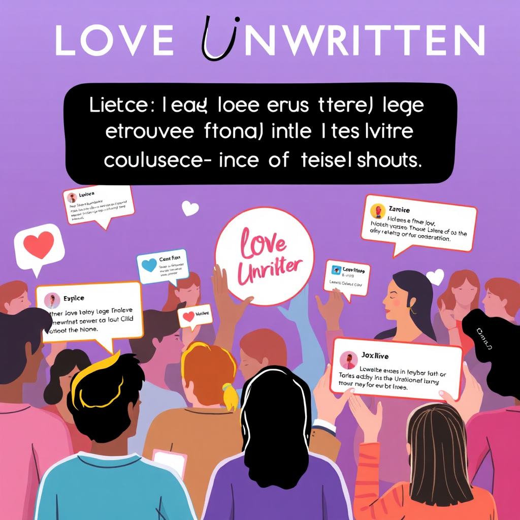 A vibrant and engaging image of people interacting on social media platforms, sharing their thoughts and ideas about Love Unwritten. The background features the Love Unwritten logo and a sense of community and connection. The style is modern and inclusive, encouraging participation and collaboration.