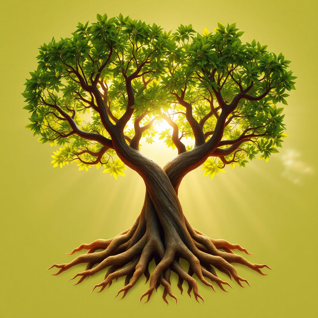 A visual representation of two trees with intertwined roots, symbolizing a strong and lasting relationship. The trees are vibrant and healthy, with lush foliage. Sunlight filters through the leaves, creating a warm and inviting atmosphere. The color palette is dominated by greens, browns, and golds. The image should evoke a sense of growth, stability, and connection.