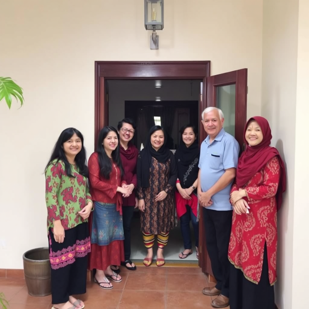 A welcoming homestay scene with a host family greeting guests, showcasing the warmth and authenticity of the Wanzia-bnb experience. Style: warm, inviting, authentic.