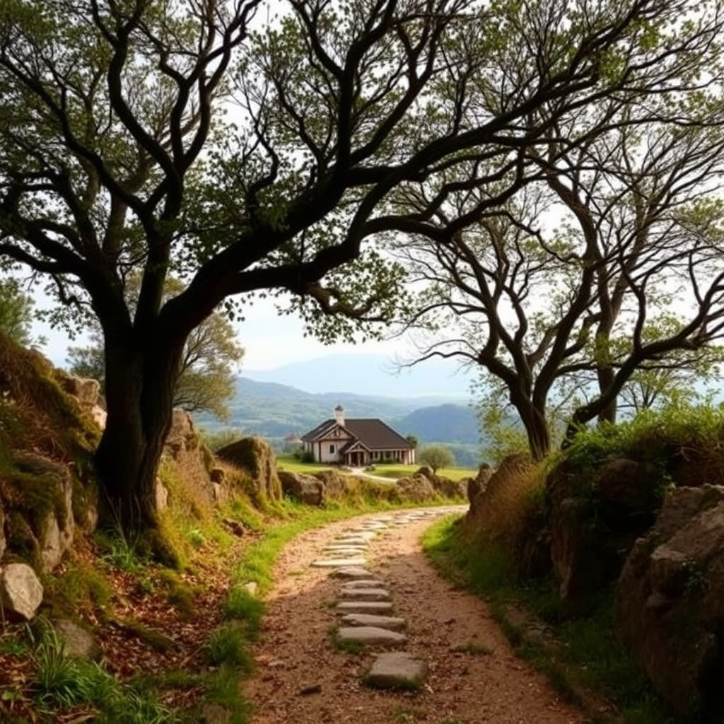 A winding path leads to a secluded homestay nestled in a picturesque landscape. The scene evokes a sense of discovery and adventure, highlighting the unique and hidden nature of Wanzia-bnb destinations. Style: scenic, tranquil, inviting.