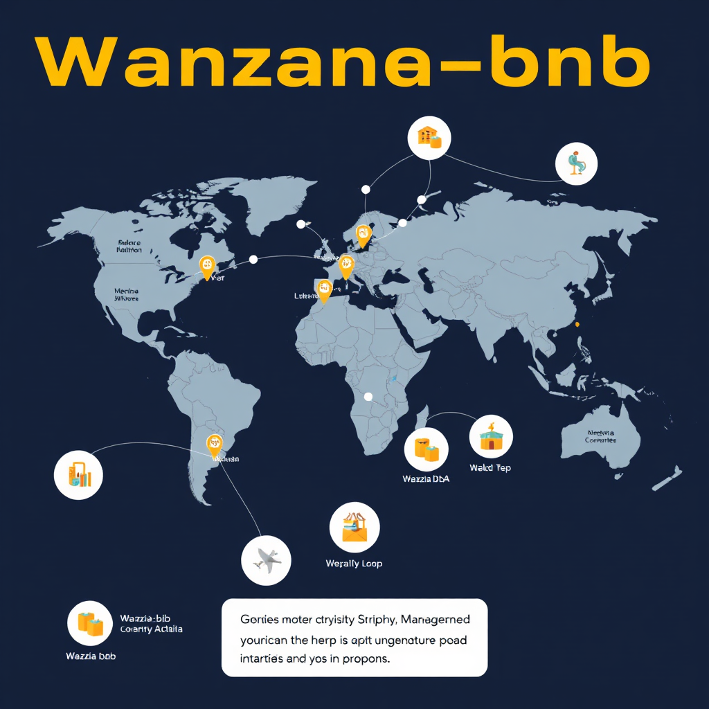 A world map highlighting Wanzia-bnb locations, with interconnected lines symbolizing the global network. Small icons represent diverse cultural activities and economic opportunities. The overall effect should be one of interconnectedness and positive impact. Style: modern, clean, informative.
