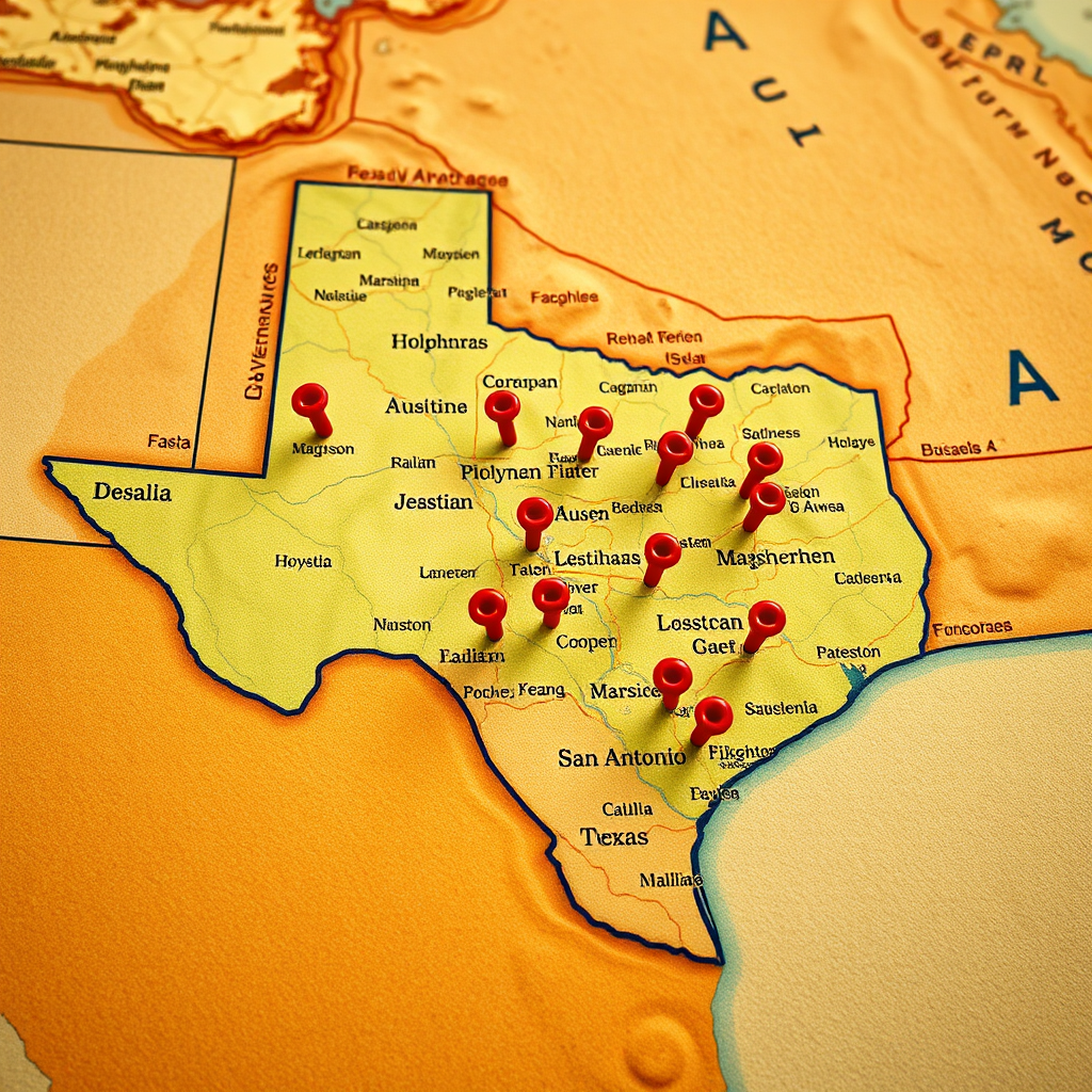 An aerial view of a map of Texas, with vibrant pins marking apartment locations in major cities like Dallas, Austin, Houston, San Antonio, and El Paso. The pins should be visually distinct and attractive, conveying a sense of wide-ranging coverage. Color palette: A mix of warm and cool colors to represent the diverse landscapes of Texas. Camera angle: High-angle, panoramic view. Texture details: Focus on the realistic texture of the map and the subtle details of the pins. Style reference: Travel and mapping imagery.