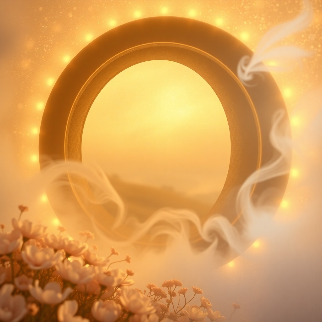 An ethereal and photorealistic image depicting a hidden portal bathed in soft, golden light. The portal shimmers with iridescent energy, revealing glimpses of a serene, otherworldly landscape. Surrounding the portal are delicate, luminous flowers and swirling mists. The composition should evoke a sense of peace, mystery, and feminine energy. The light source is a gentle, diffused glow emanating from within the portal. The color palette consists of warm golds, soft pinks, and calming blues. Capture the scene from a slightly low angle, emphasizing the grandeur and invitation of the portal. Textures should be highly detailed, showcasing the intricate patterns of the flowers, the smooth surface of the portal, and the flowing movement of the mists. Inspired by the art of Josephine Wall and the landscapes of Maxfield Parrish. 8K resolution, hyperrealistic.