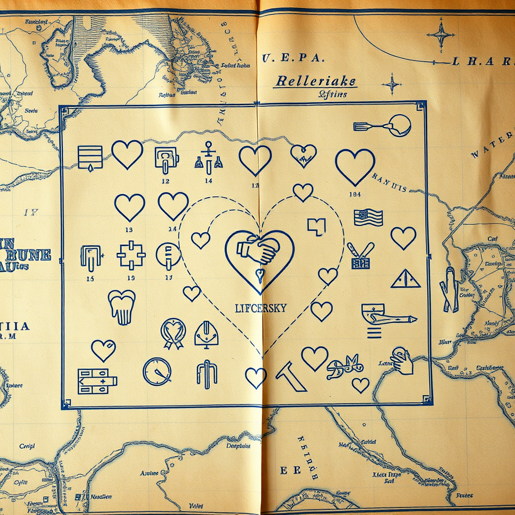 An image of a blueprint overlaid on an antique map. The blueprint depicts various symbols related to relationships, such as hearts, hands, and intertwined lines. The map is aged and faded, with intricate details. The color palette is dominated by sepia tones and muted blues. The image should convey a sense of discovery, mapping, and uncovering hidden structures.