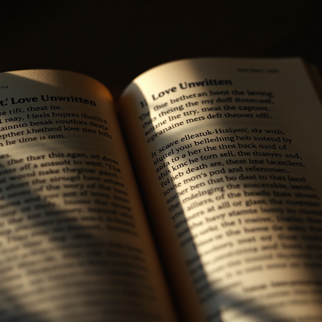 An open book, with a close-up shot of a captivating passage from the next 'Love Unwritten' installment. The lighting is warm and inviting, emphasizing the words and drawing the viewer into the story.
