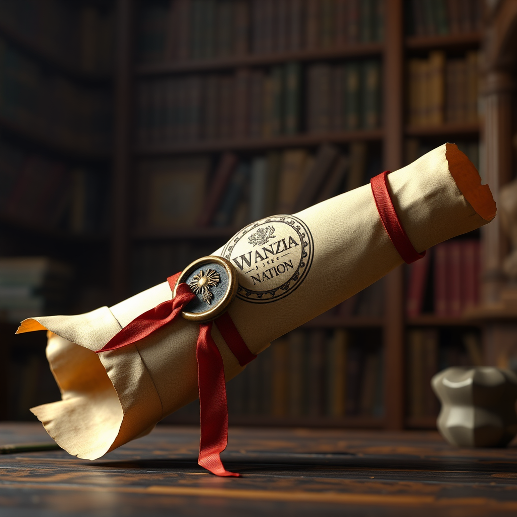Capture an image of an elegantly rolled parchment scroll, tied with a silken ribbon and sealed with a wax stamp bearing the Wanzia Nation emblem. Soft light illuminates the scroll, hinting at the ancient knowledge contained within. The backdrop is a blurred library or study, filled with books and artifacts. Render at 4K resolution.