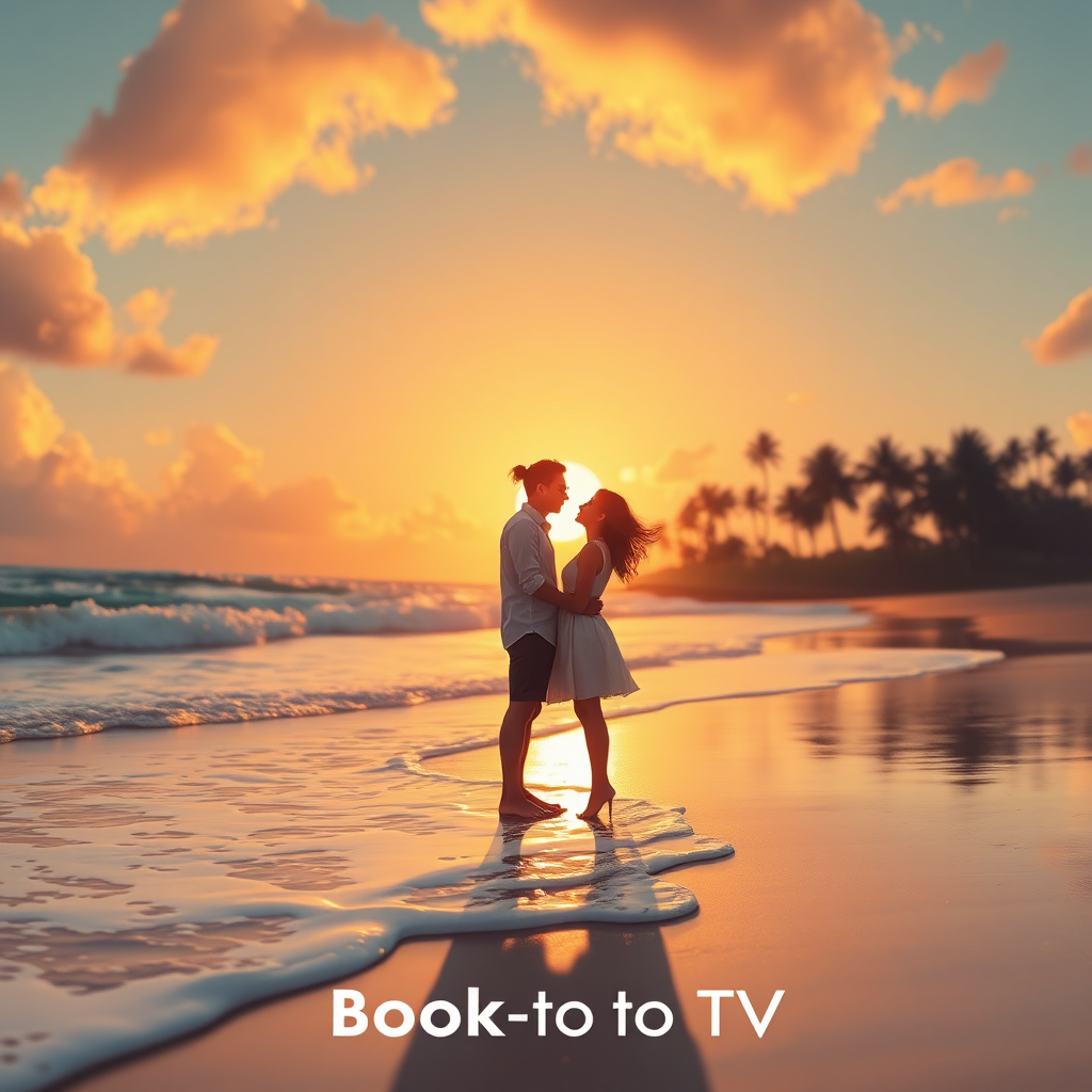 A photorealistic image of the 'Island Kiss' book cover artfully placed on a pristine white sand beach. The turquoise ocean stretches out behind it, meeting the clear blue sky. The sun is setting, casting a warm golden glow over the scene. The image should emphasize the beauty and tranquility of the island setting, and how it inspires the Love Unwritten series. The style is cinematic and dreamy, with a focus on natural light and vibrant colors.