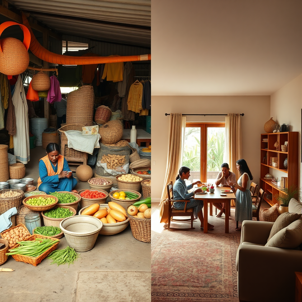 Create a 4K resolution image representing the essence of Wanzia's mission. The scene features a split-screen: on one side, a vibrant marketplace scene in a developing country, showcasing local artisans and farmers; on the other side, a modern, welcoming home with travelers and hosts interacting. A connecting element, such as a stylized bridge or a shared meal, visually links the two sides, symbolizing the connection and exchange facilitated by Wanzia. The color palette is warm and inviting, with pops of bright colors representing different cultures. The camera angle is slightly elevated, providing a comprehensive view. The style is uplifting and positive, emphasizing the benefits of cultural exchange and economic empowerment. Texture details on the local products and the home interior should be very clear.