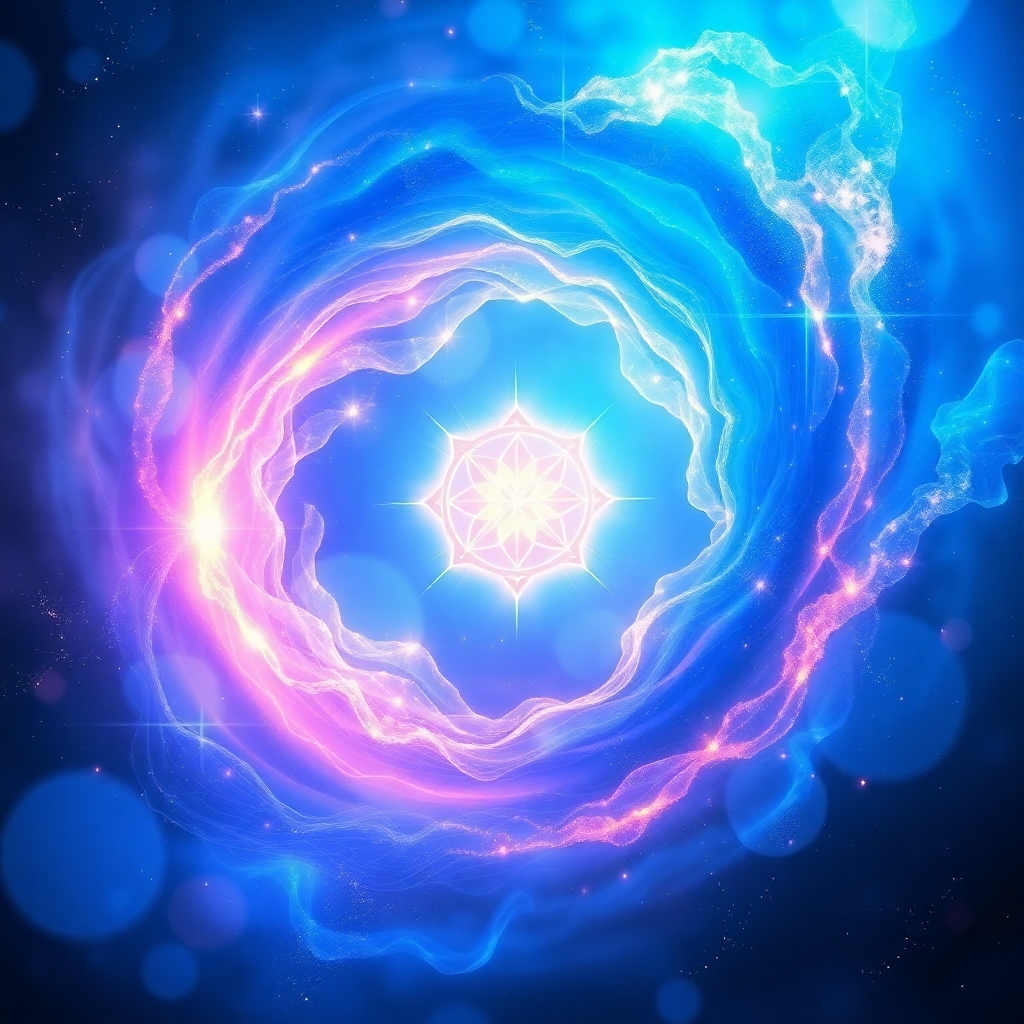 Create a mystical visual of a shimmering portal swirling with cosmic energy, with a glowing symbol floating in the center. This symbol represents the sacred feminine. Use vibrant blues, purples, and golds. The portal should appear as a gateway to another dimension. Emphasize the ethereal and otherworldly qualities of the scene. High-quality rendering.