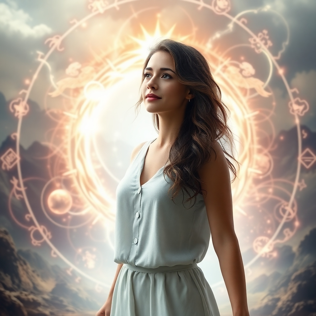 Create a photorealistic image depicting a woman with an aura of confidence stepping through a shimmering portal. The portal should be surrounded by swirling energy and mystical symbols. The woman's expression should be one of anticipation and excitement. The background should be a blend of earthly and ethereal landscapes. 4K resolution.