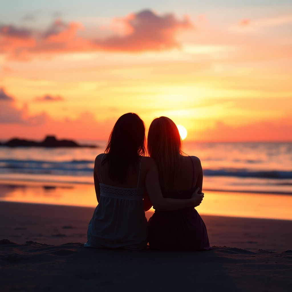 Create a photorealistic image of two women sitting closely together on a tranquil beach, silhouetted against a vibrant sunset. They are facing the ocean, with their arms intertwined, suggesting a deep connection and shared experience. The colors should be rich and warm, reflecting the peaceful moment and intimacy. 4k resolution.