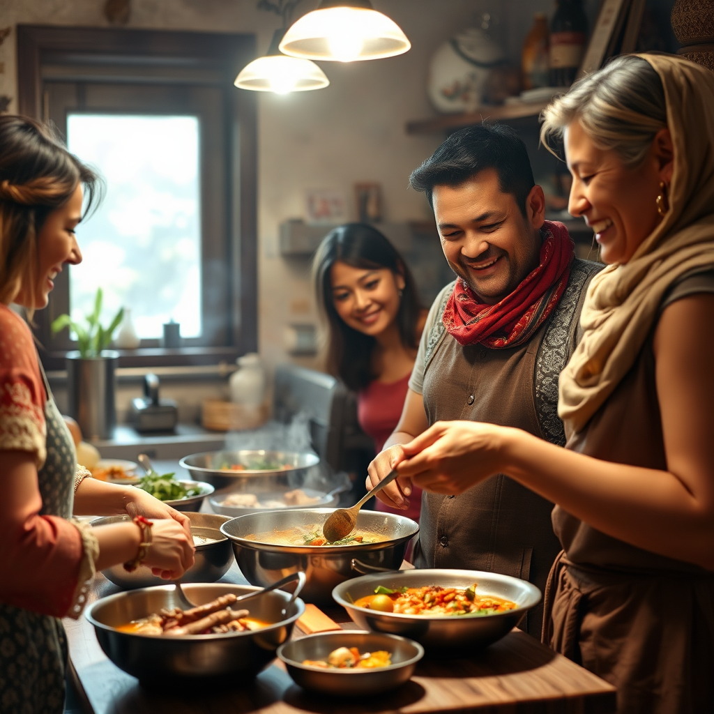 Create a photorealistic image depicting a host teaching travelers how to prepare a traditional local dish. The scene takes place in a cozy kitchen, filled with the aroma of spices and herbs. The host and travelers are smiling and engaged, sharing a cultural experience. The lighting is warm and inviting, creating a sense of connection and camaraderie. The camera angle is a medium shot, focusing on the interaction between the host and the travelers.