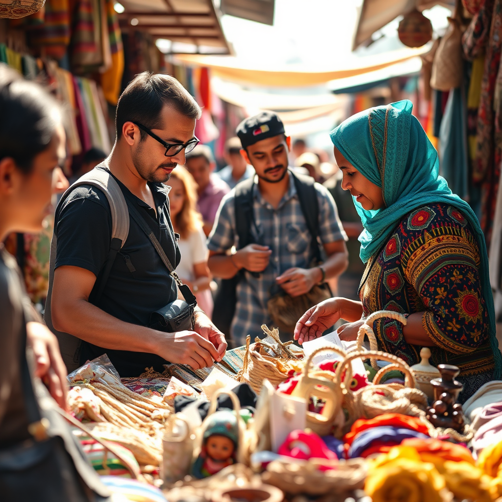 Create a photorealistic image showcasing a local artisan selling handcrafted goods in a vibrant marketplace. Travelers are shown interacting with the artisan, examining the products with interest. The scene is bustling with activity and filled with colorful textiles and local crafts. The lighting is bright and sunny, reflecting the energy of the marketplace. The camera angle is a medium shot, focusing on the interaction between the artisan and the travelers. The image should convey a sense of authenticity and economic empowerment.