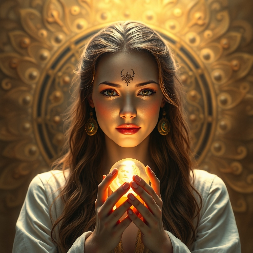 Create a photorealistic image embodying the essence of Zuberyes. Depict a woman, her face reflecting wisdom and compassion, holding a glowing orb that symbolizes feminine power and intuition. The background should feature subtle symbols of lineage and ancient knowledge, such as an aged scroll or a hidden portal. The lighting should be soft and ethereal, highlighting the woman's inner radiance. Use warm and earthy tones, accented by gold and emerald hues, to create a sense of grounding and connection. The style should be inspired by renaissance portraits and mystical photography. 4K resolution, high quality.