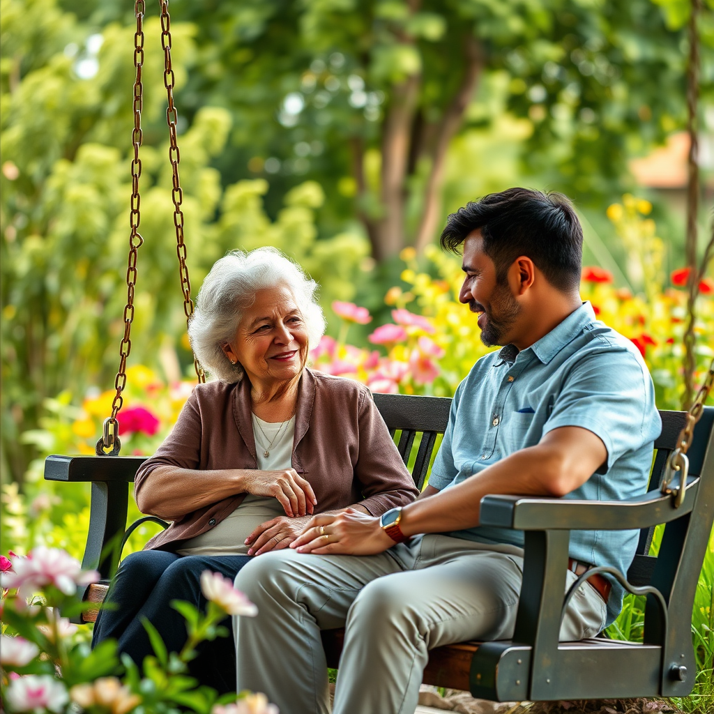 Create a photorealistic image showing two people of different nationalities, an older woman and a younger man, sitting on a porch swing, deep in conversation. The setting is a lush, green garden with flowers in bloom. The lighting is soft and natural, suggesting late afternoon. Focus on capturing the genuine emotion and connection between the two individuals. The camera angle is a medium shot, focusing on their faces. The image should evoke a sense of warmth, curiosity, and mutual respect.